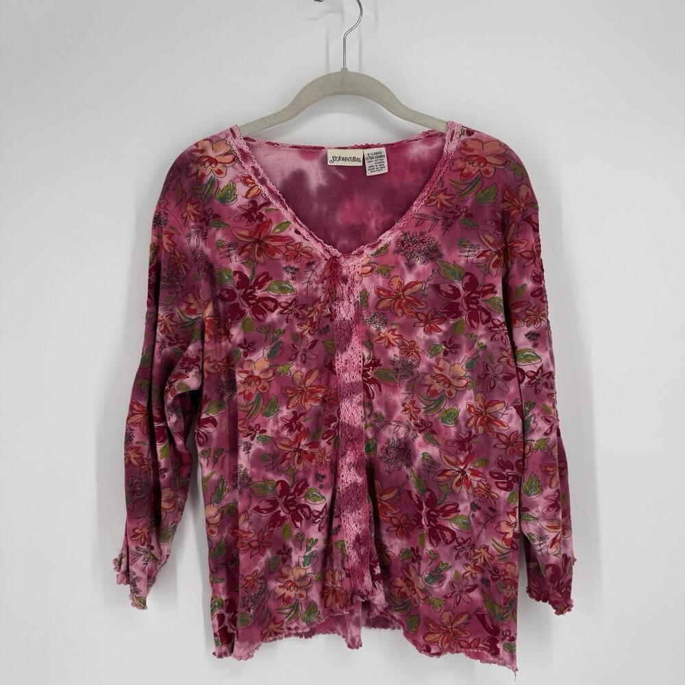 Vintage 90s y2k St. Johns bay top XL pink floral lace trim fairy feminine